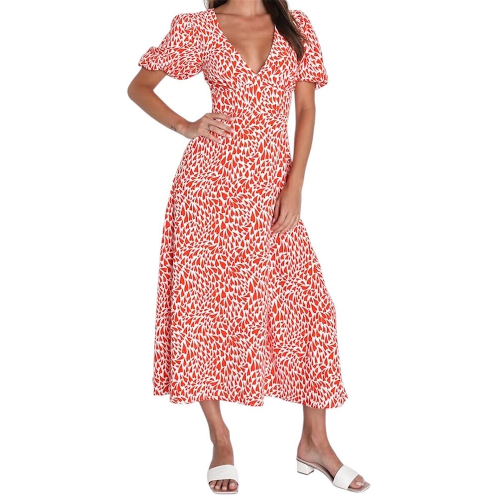 Lulus Love Is In The Flair Red Orange Heart Print Midi Dress Women’s Small NWT